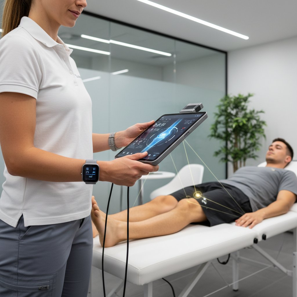 Fizjoterapeuta mierzący efekty terapii za pomocą narzędzi cyfrowych