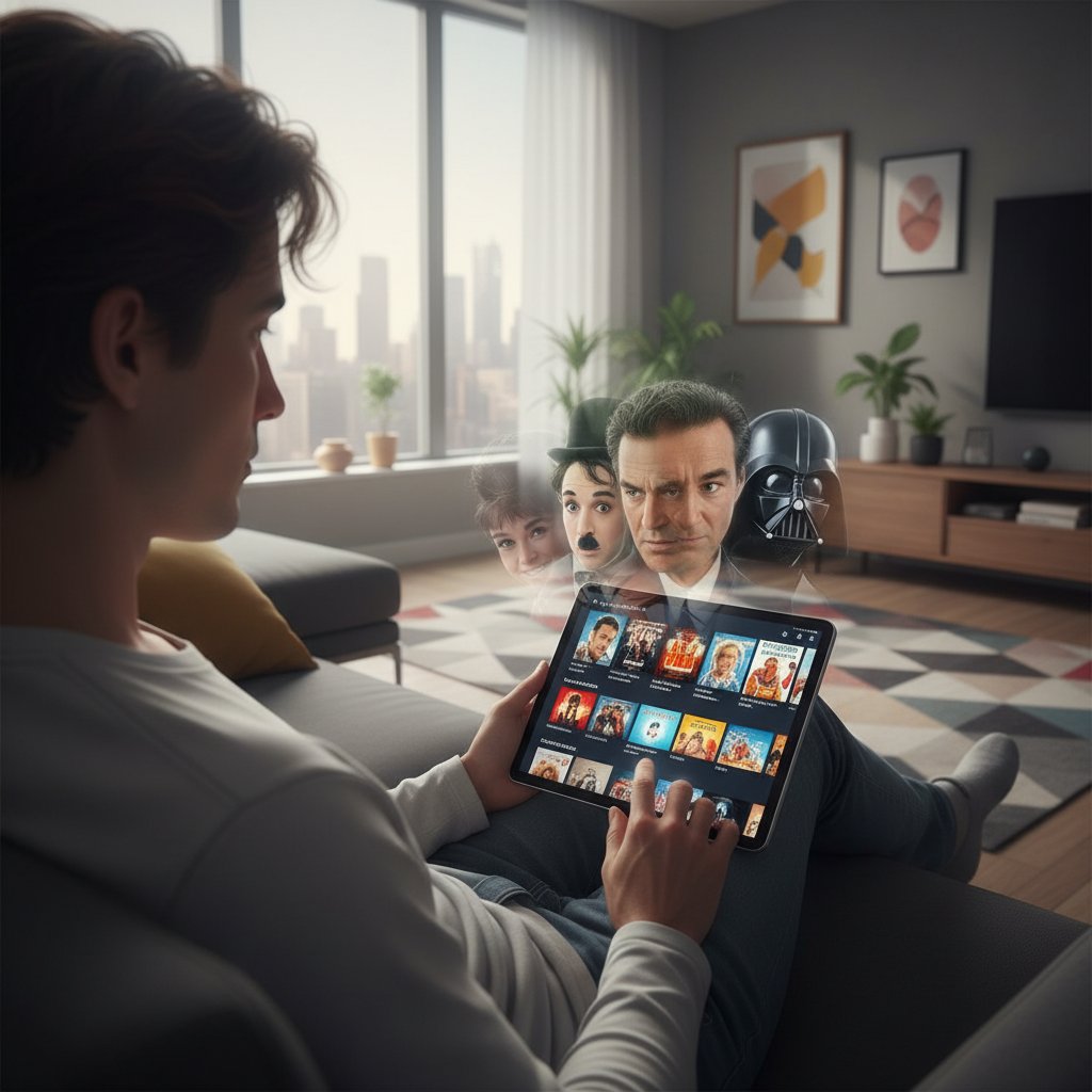 Person choosing a movie with suspenseful faces on screen