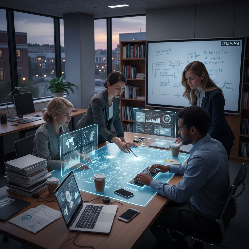 Modern academic team under time pressure with decision tools