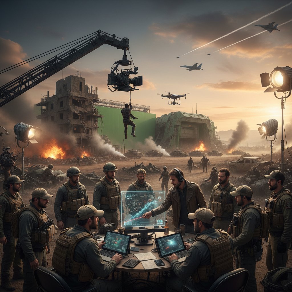Modern action set, directors and crew planning outdoor battle scene, dynamic panoramic photo