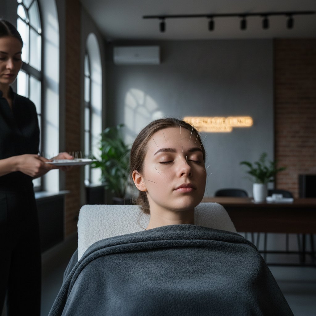 Sesja akupunktury w warszawskim gabinecie, młoda kobieta z igłą w twarzy, klimat miejski, profesjonalny