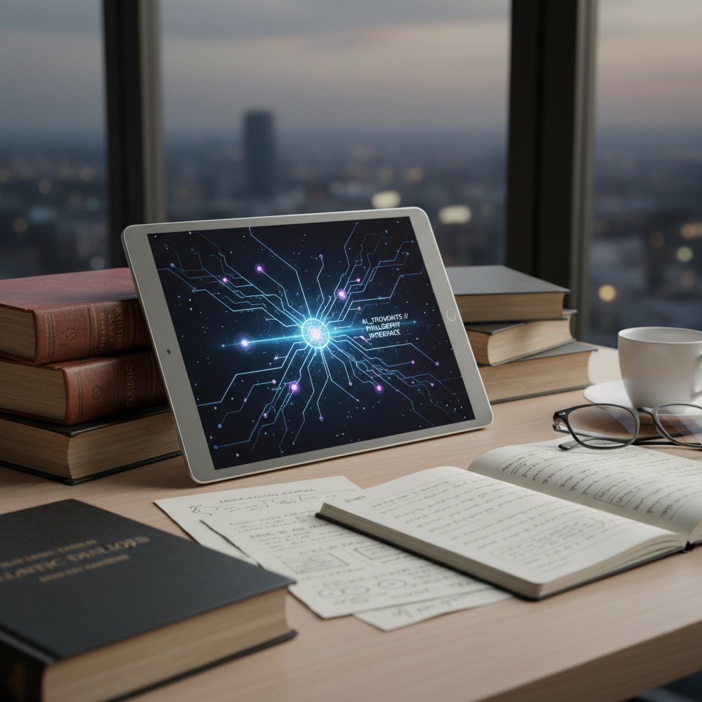 Nowoczesna platforma AI wyświetlana na tablecie, otoczona książkami i notatkami filozoficznymi