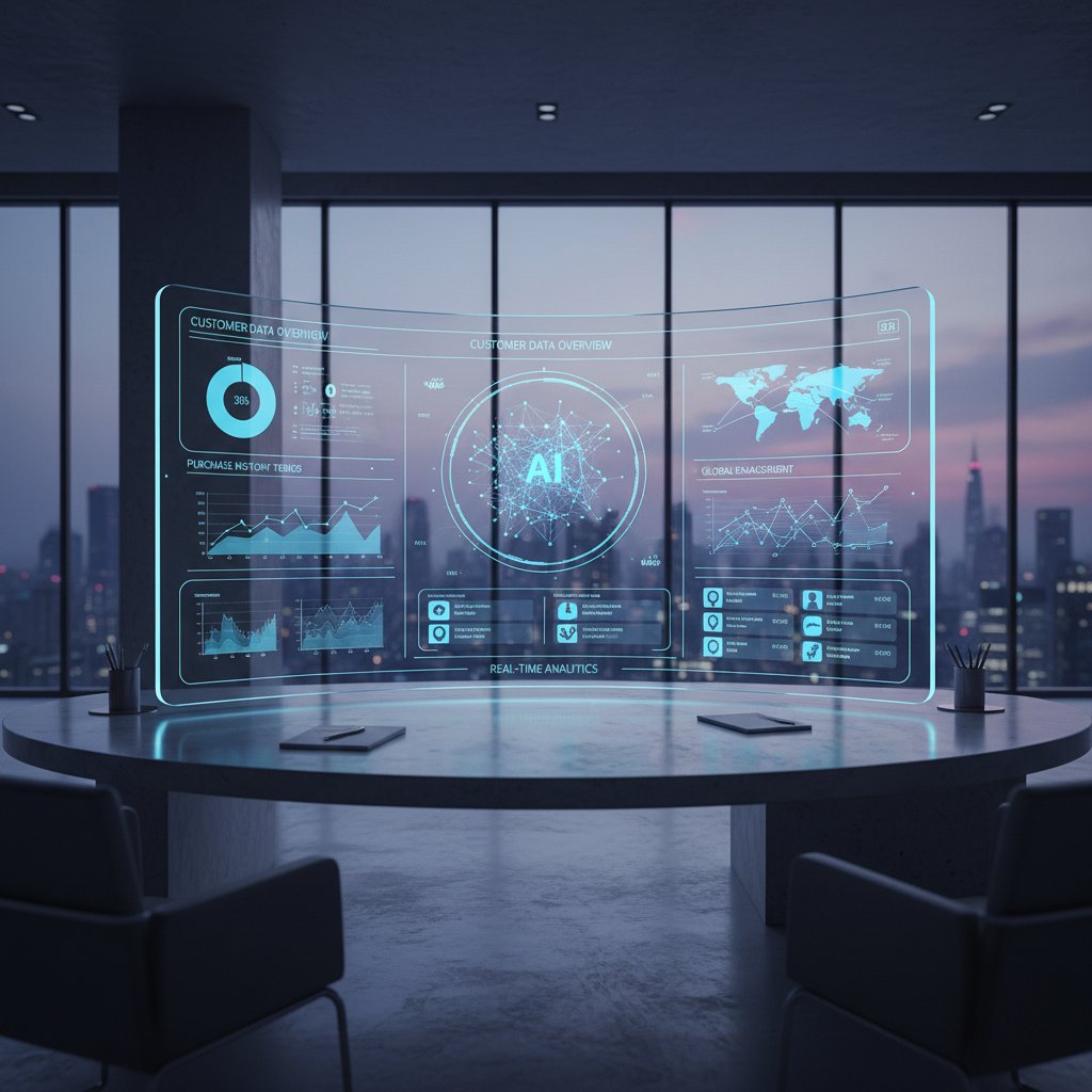 Nowoczesny agent AI analizujący dane klientów na tle dashboardu