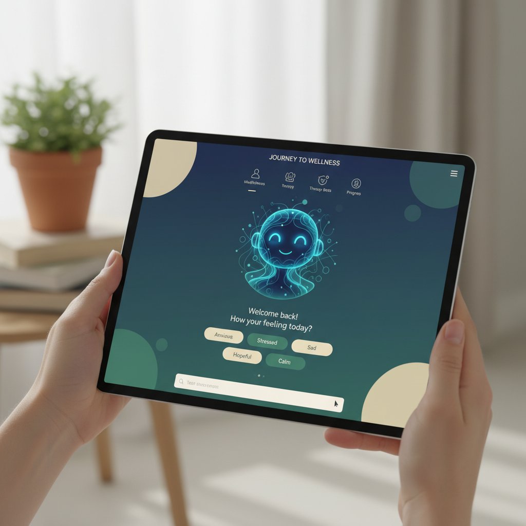 Nowoczesna aplikacja AI wyświetlana na tablecie, symbolizująca przyszłość wsparcia psychologicznego