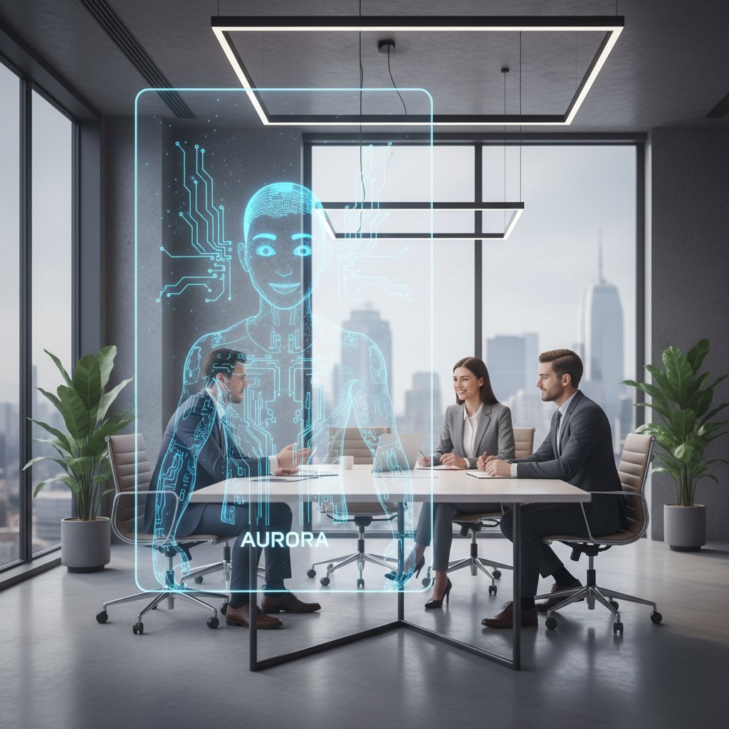 Nowoczesny chatbot AI prowadzący rozmowę z klientem w biurze