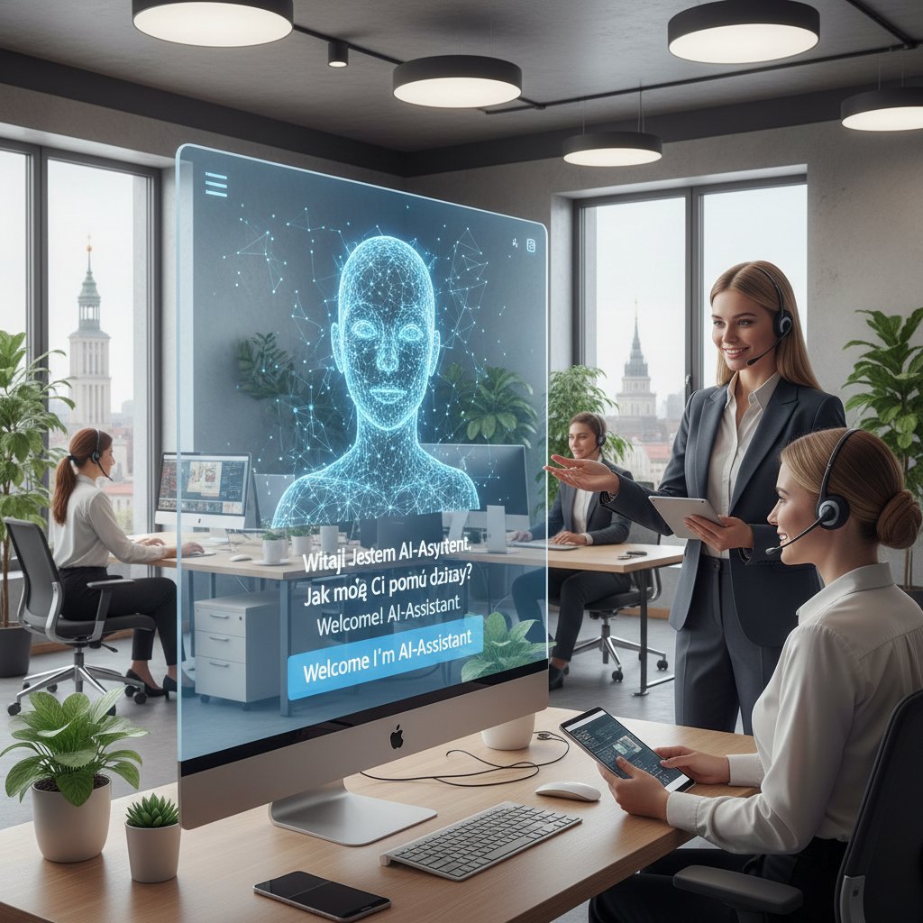 Nowoczesny chatbot AI obsługujący klientów w polskim biurze, z naciskiem na technologię i ludzi