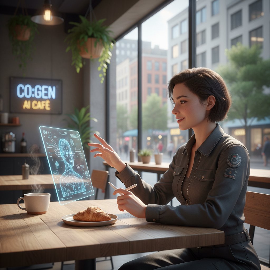 Nowoczesny chatbot AI na ekranie smartfona w kawiarni, pokazujący rozmowę z użytkownikiem, klimat urbanistyczny