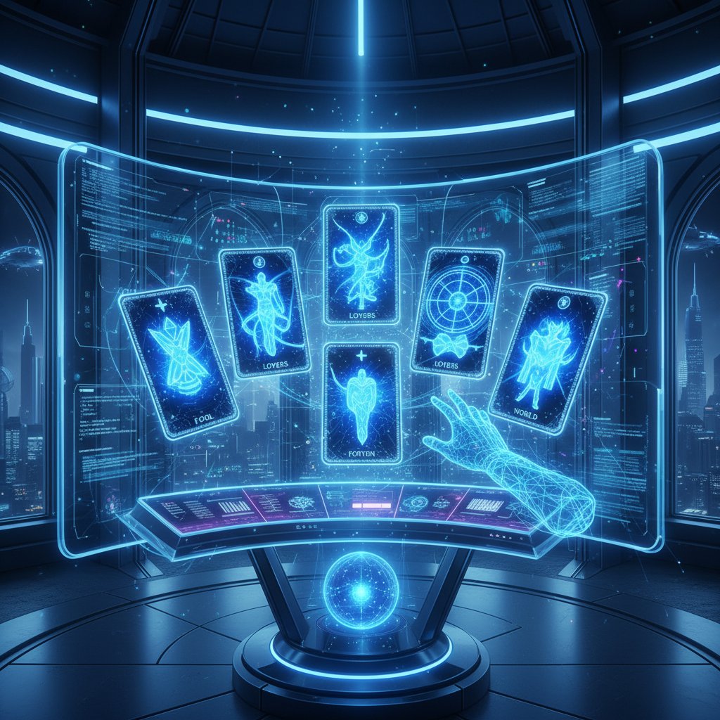 Sztuczna inteligencja analizująca karty tarota na ekranie komputera, nowoczesny interfejs, niebieskie tony