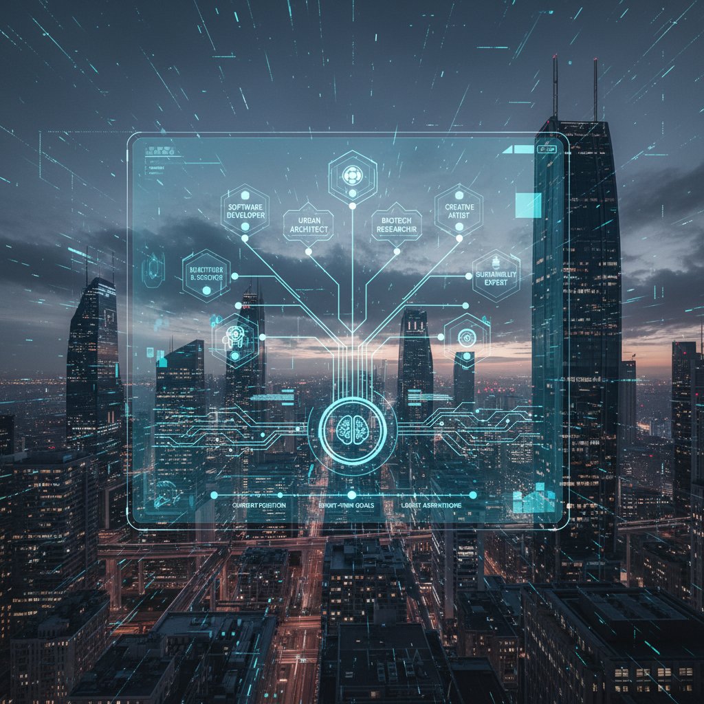 Nowoczesny interfejs AI kariery z elementami miasta i cyfrowych motywów