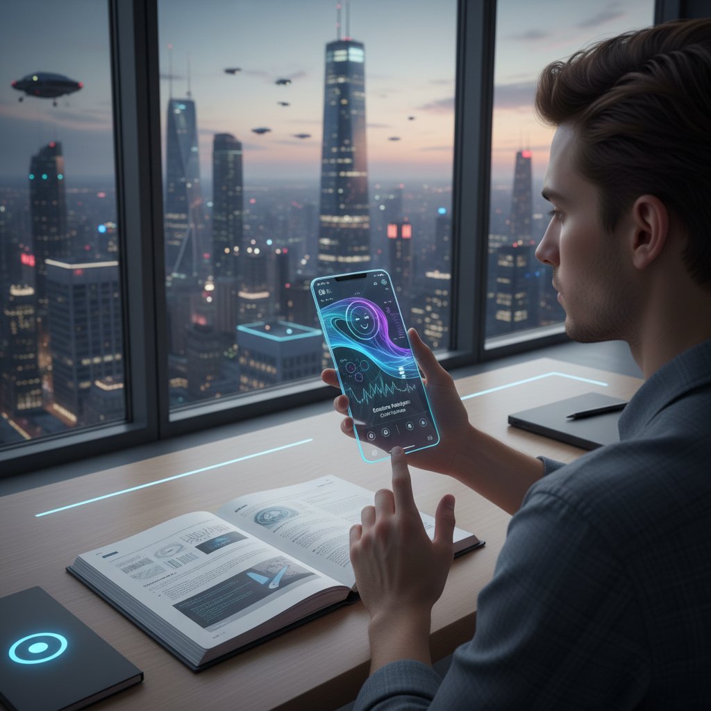 Nowoczesny interfejs AI na smartfonie, osoba analizuje swoje emocje, dziennik emocji, psycholog.ai