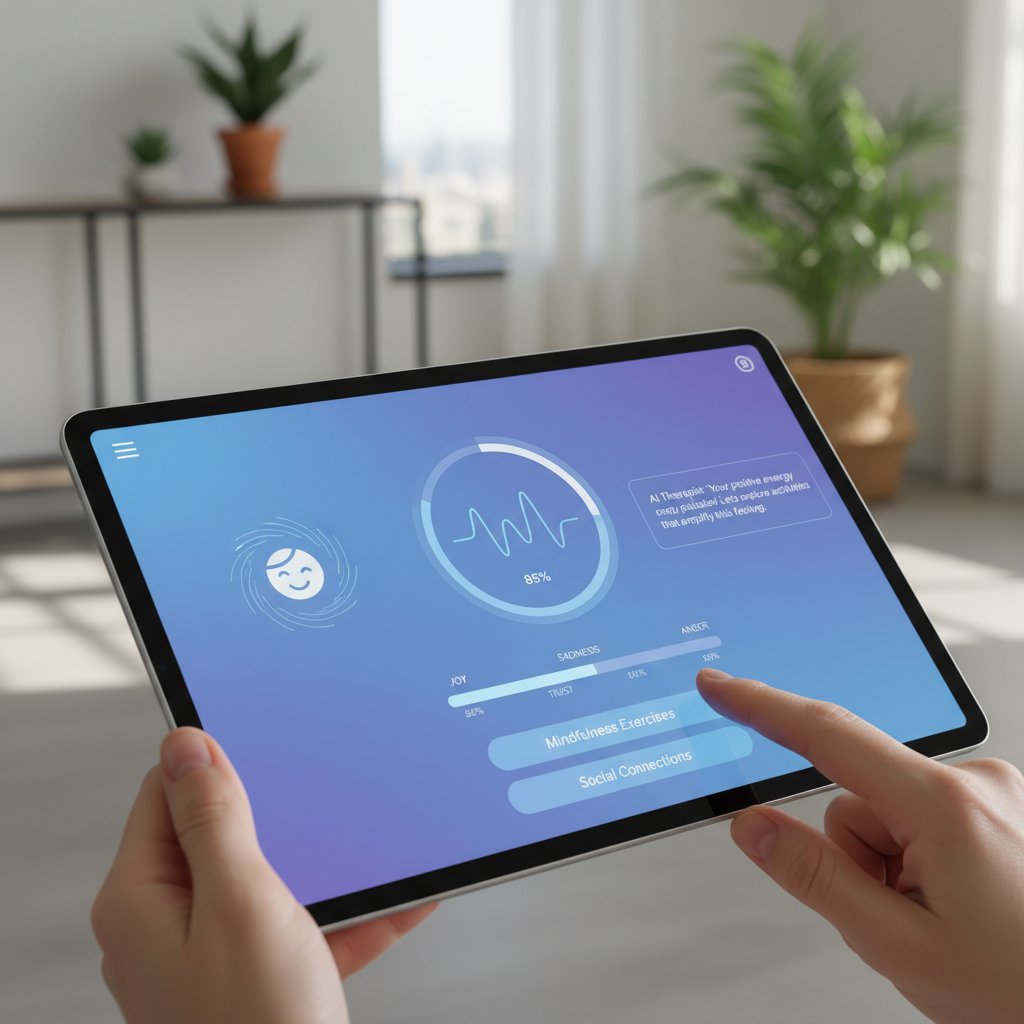 Nowoczesny interfejs symulatora AI na tablecie, analiza emocji i personalizacja odpowiedzi