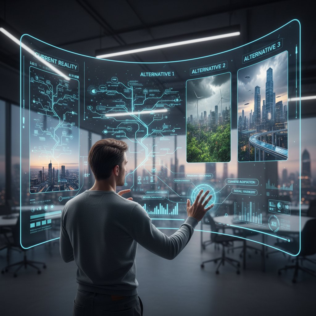 Nowoczesny interfejs symulacji AI, użytkownik eksploruje alternatywne scenariusze