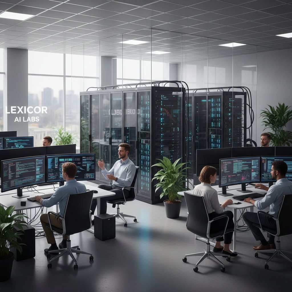 Nowoczesne centrum badawcze AI, serwery i naukowcy analizujący dane lingwistyczne