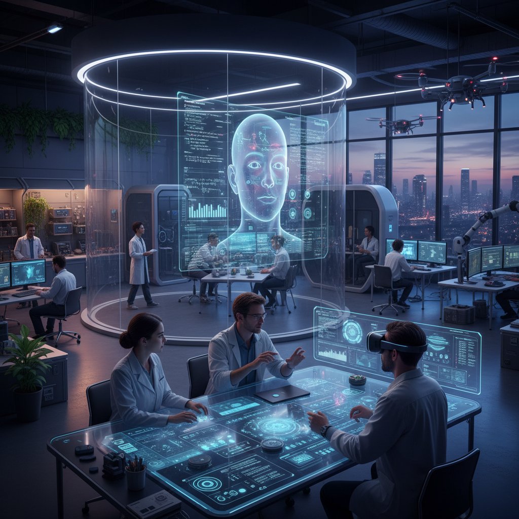 Nowoczesne laboratorium AI, zespół pracuje nad rozwojem symulatorów rozmów, ekrany z analizą emocji i VR