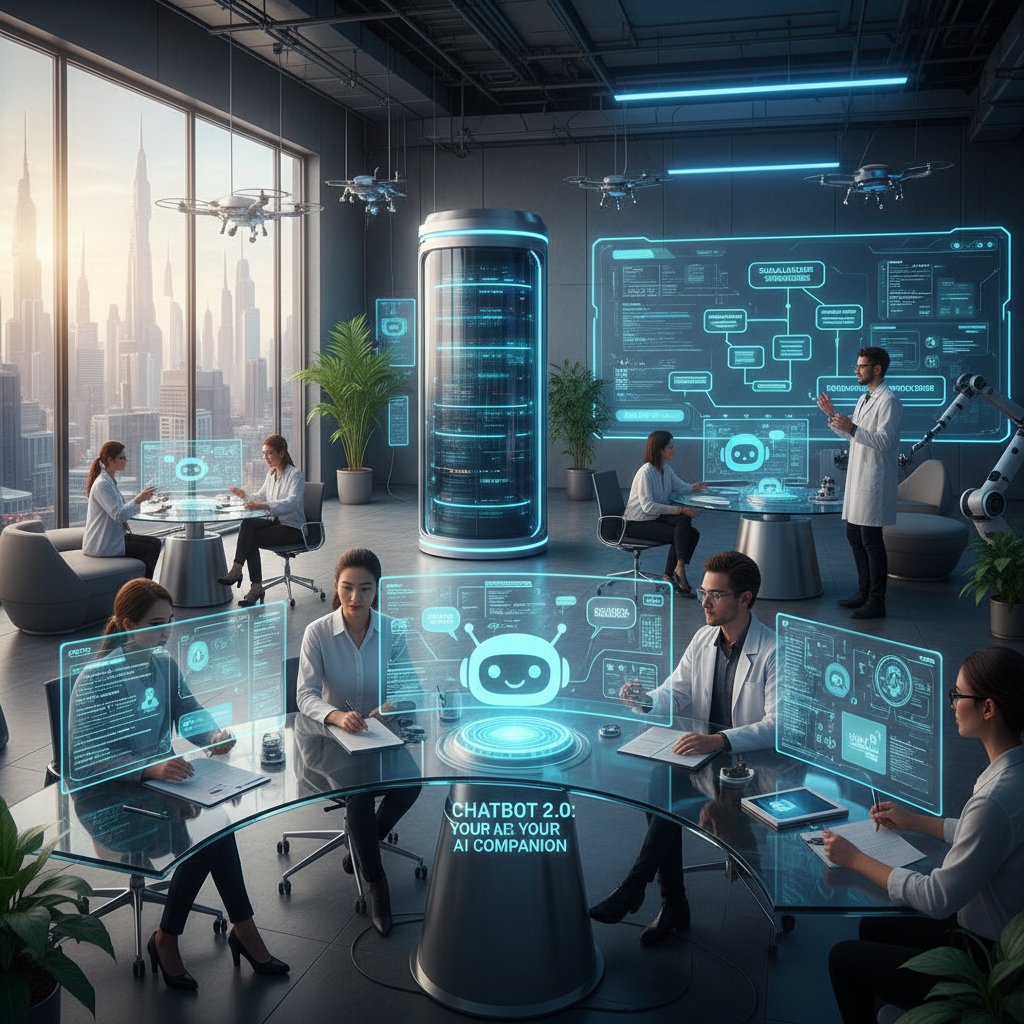 Nowoczesne laboratorium AI, młodzi naukowcy pracujący nad chatbotami, nowatorska technologia