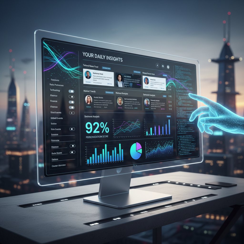 Nowoczesna platforma AI do personalizacji wiadomości, ekran komputera, osoba analizująca dane