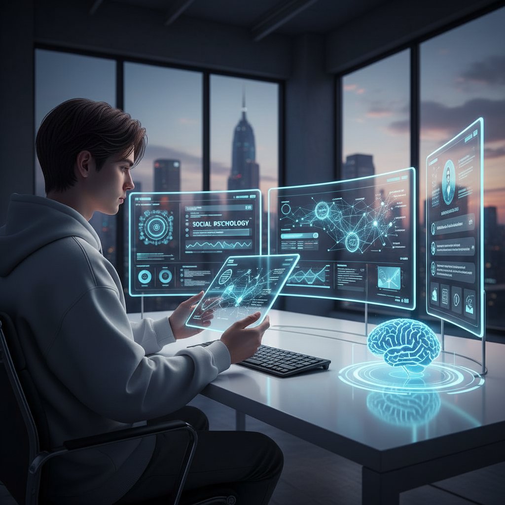 Nowoczesne narzędzia AI wspierające naukę psychologii społecznej, student z tabletem, cyfrowe ekrany