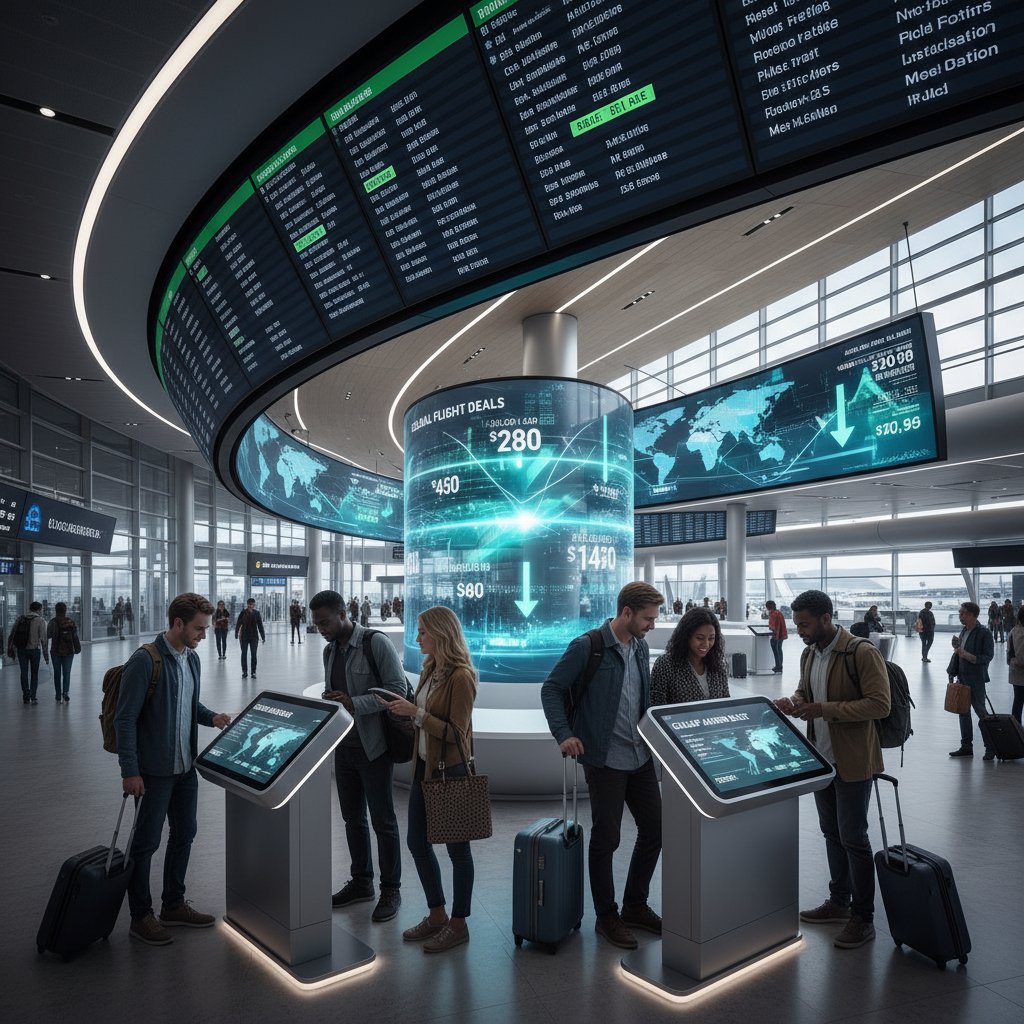 Travelers comparing flight prices on smartphones and laptops in a modern airport, digital departures board in background, cheap airfare trends