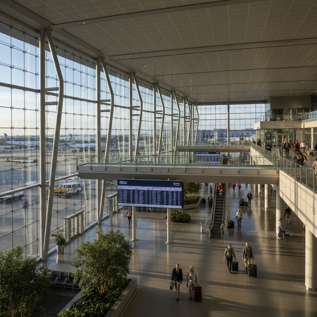 Raleigh-Durham airport terminal bathed in morning light, highlighting modern design and early travelers.