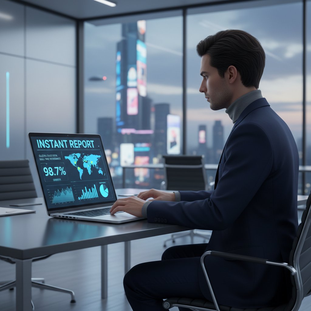 Nowoczesny analityk korzysta z laptopa, pokazując natychmiastowe generowanie raportu sprzedażowego