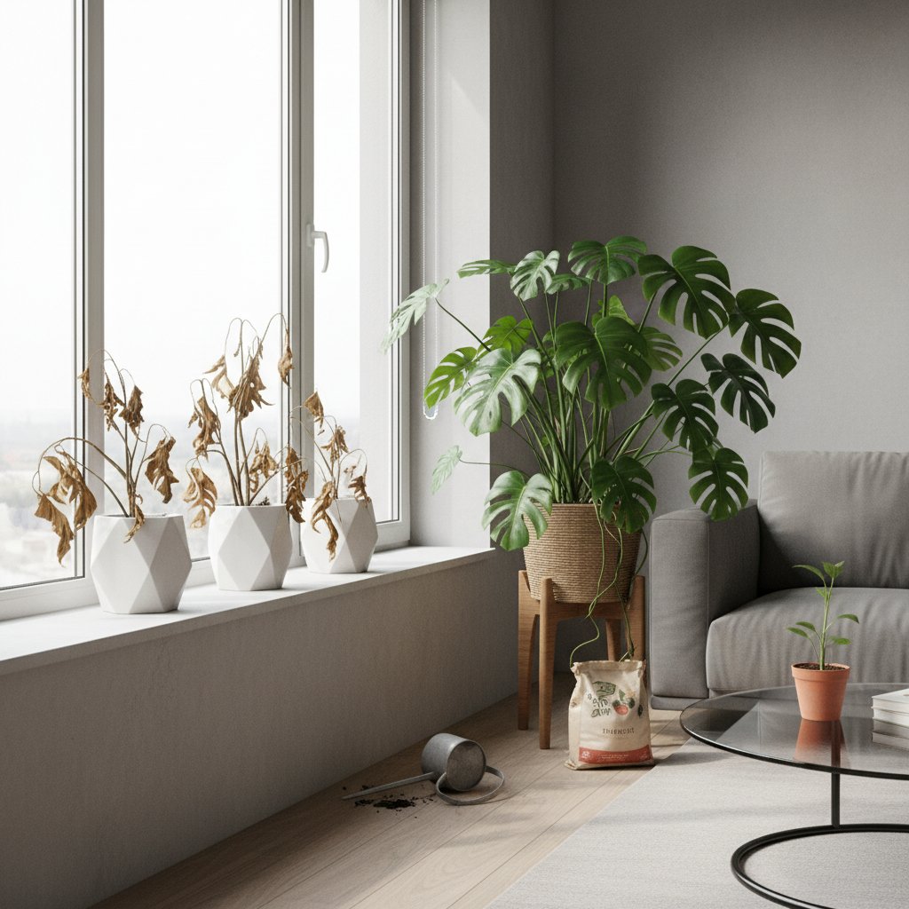 Nowoczesne wnętrze z uschniętymi roślinami i jedną zdrową, odporną rośliną