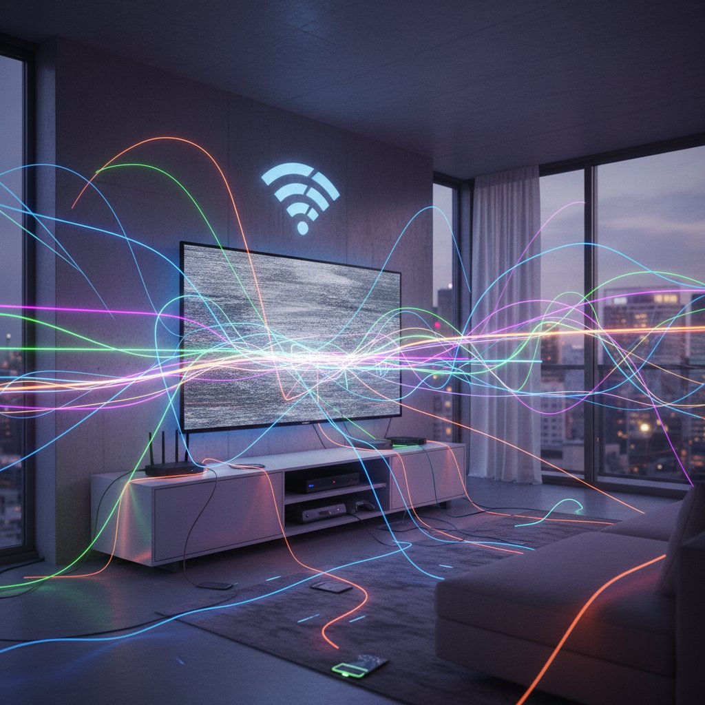 Nowoczesne mieszkanie, kilka urządzeń elektronicznych, widoczne sygnały Wi-Fi, efekt zakłóceń