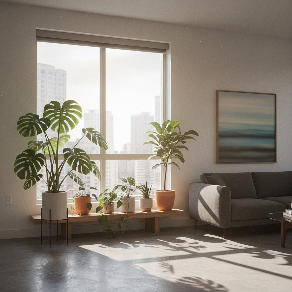 Nowoczesne mieszkanie z licznymi roślinami doniczkowymi, światło słoneczne, monstera, polskie wnętrze