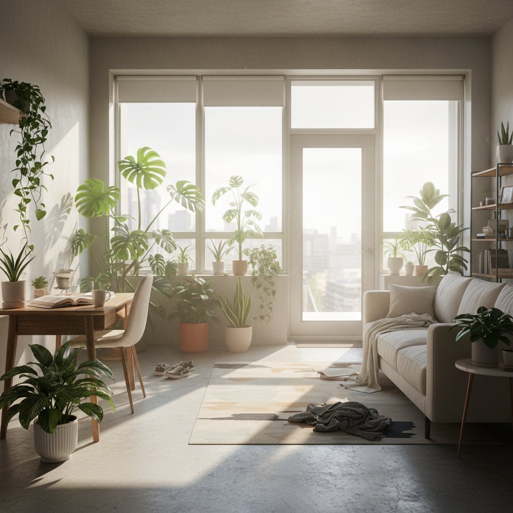 Nowoczesne mieszkanie z zielonymi roślinami, światło wpada przez okno, widoczne oznaki zaniedbania