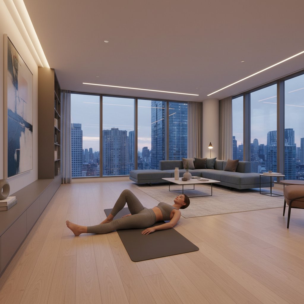 Nowoczesne wnętrze polskiego mieszkania, osoba ćwicząca relaksację na macie