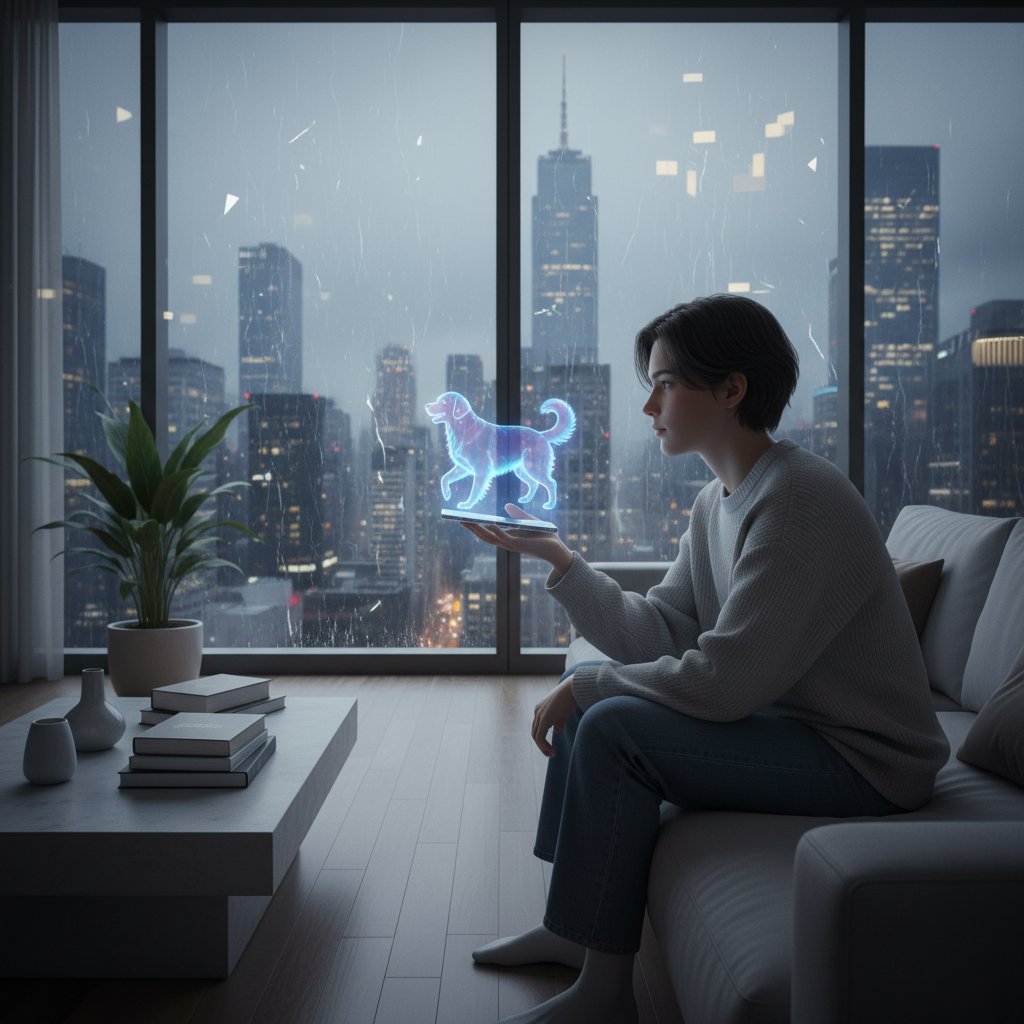 Nowoczesny apartament, młoda osoba trzymająca smartfon z hologramem psa – samotność i bliskość w jednym kadrze