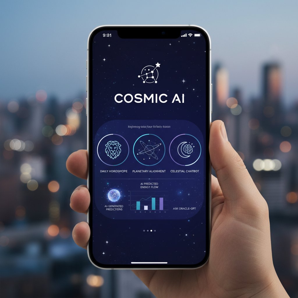 Nowoczesny interfejs aplikacji astrologicznej AI na tle dynamicznego miasta, temat: astrologia, technologia, oszczędność czasu