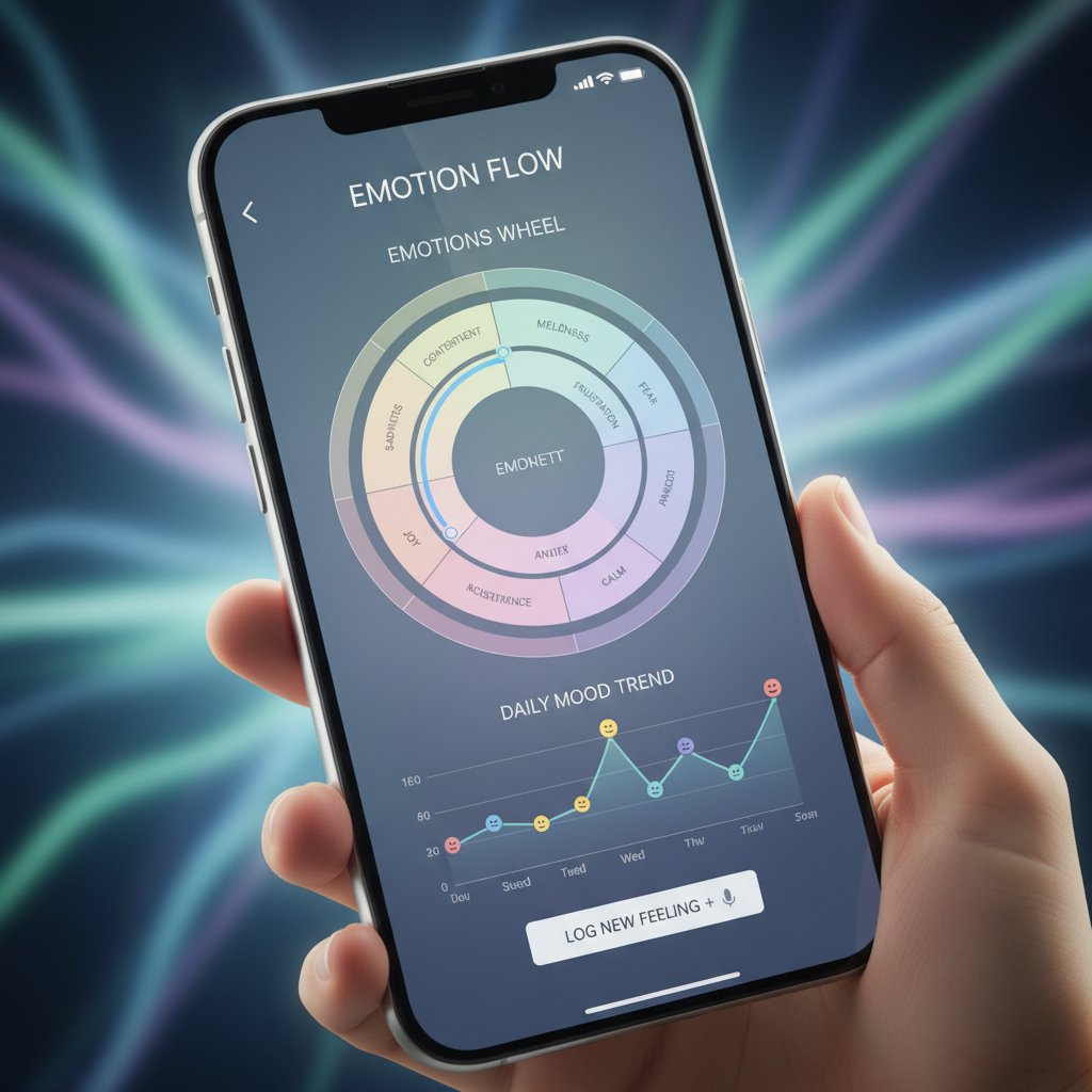 Nowoczesny interfejs aplikacji psychologicznej na smarfonie, z widocznymi wykresami emocji