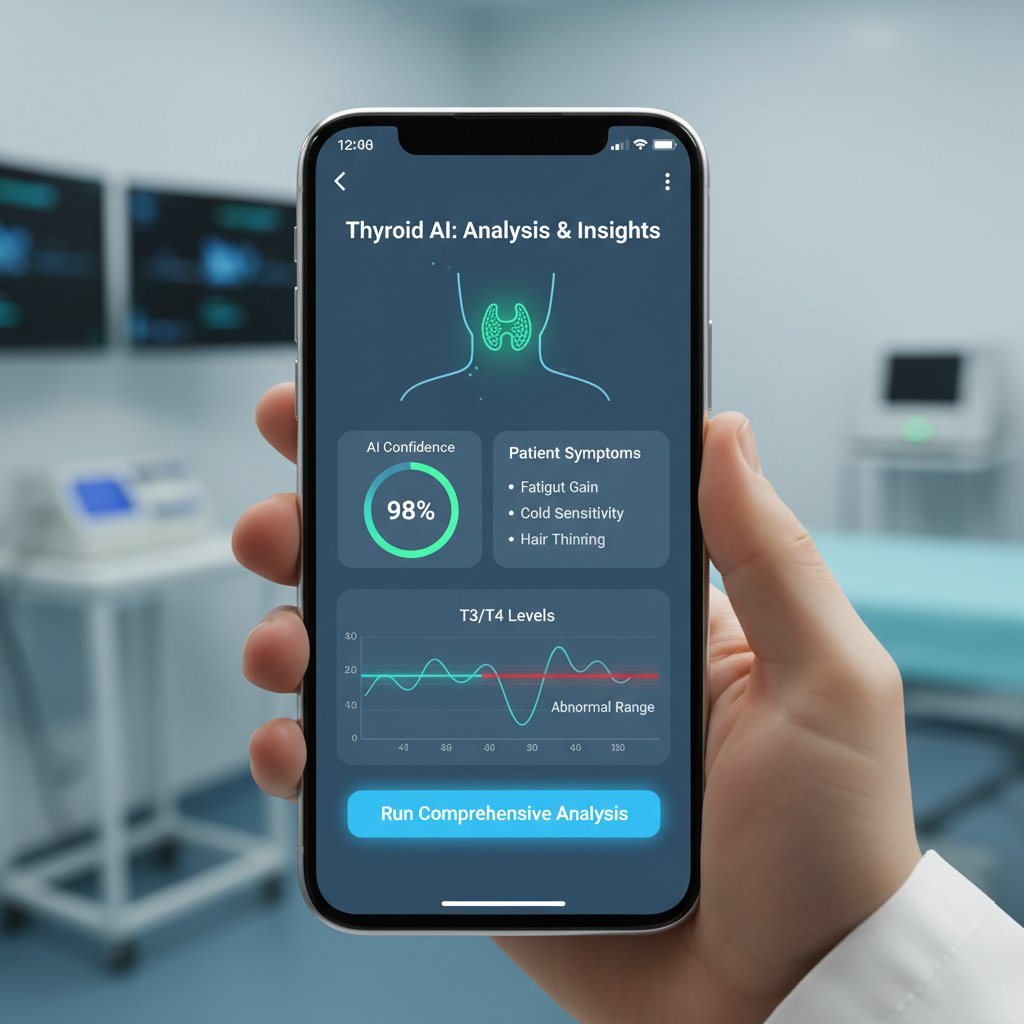 Nowoczesny interfejs aplikacji medyk.ai analizujący wyniki TSH na tle objawów pacjenta