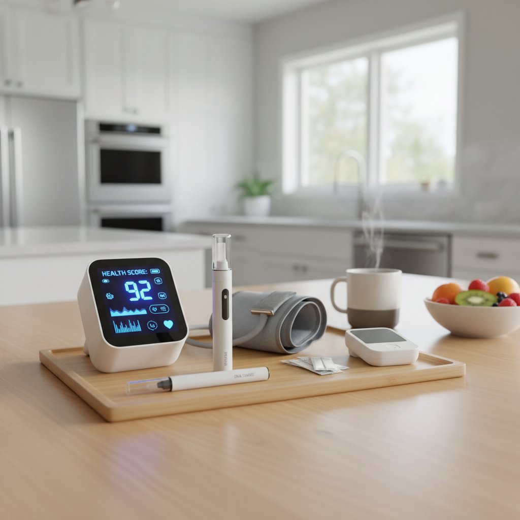 Nowoczesny domowy zestaw do badań na stole kuchennym, czyste, optymistyczne ujęcie