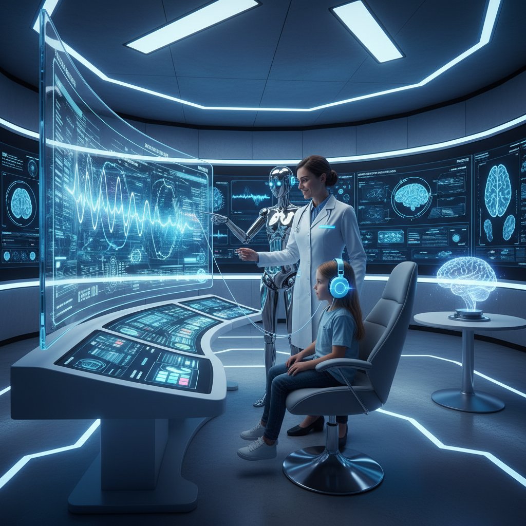 Nowoczesne laboratorium audiologiczne z AI, lekarz i dziecko przy ekranie z analizą wyników