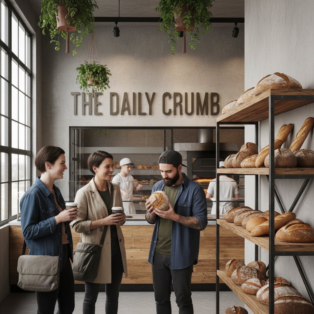 Wnętrze hipsterskiej piekarni z tradycyjnym polskim chlebem i młodymi klientami