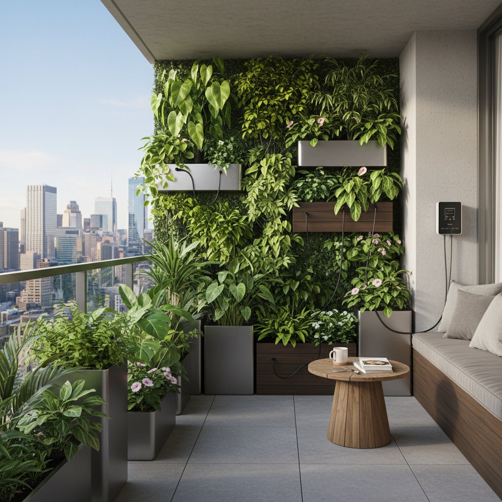 Nowoczesny balkon miejski z automatycznym podlewaniem i bujnymi roślinami
