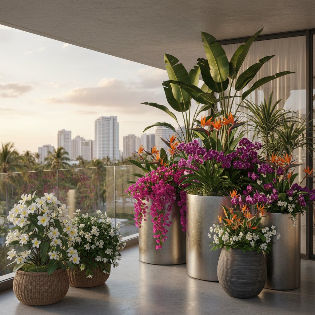 Nowoczesny balkon z egzotycznymi i długo kwitnącymi roślinami w donicach