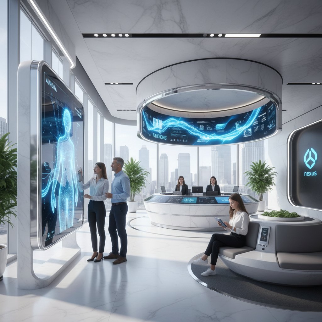 Nowoczesny oddział banku z chatbotem AI obsługującym klientów