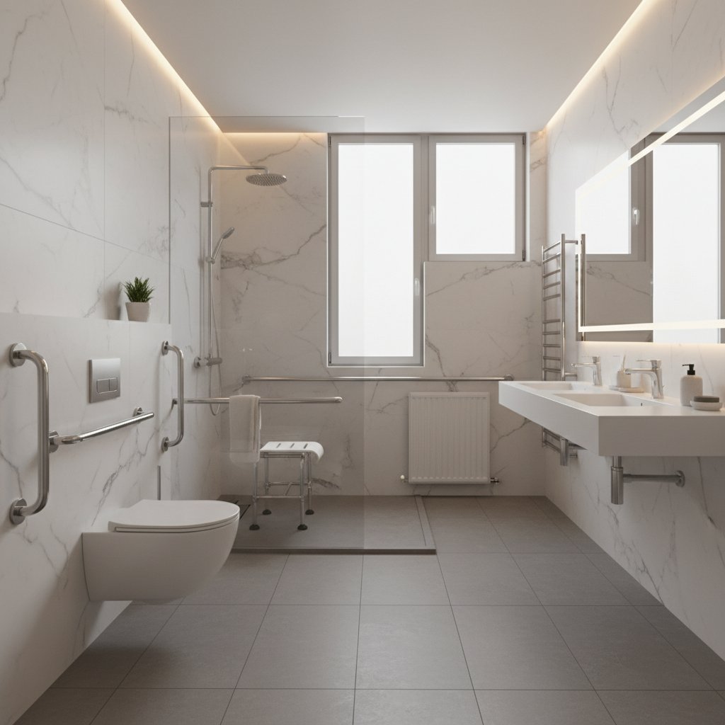 Nowoczesna łazienka z uchwytami, dostosowana do potrzeb osoby niepełnosprawnej