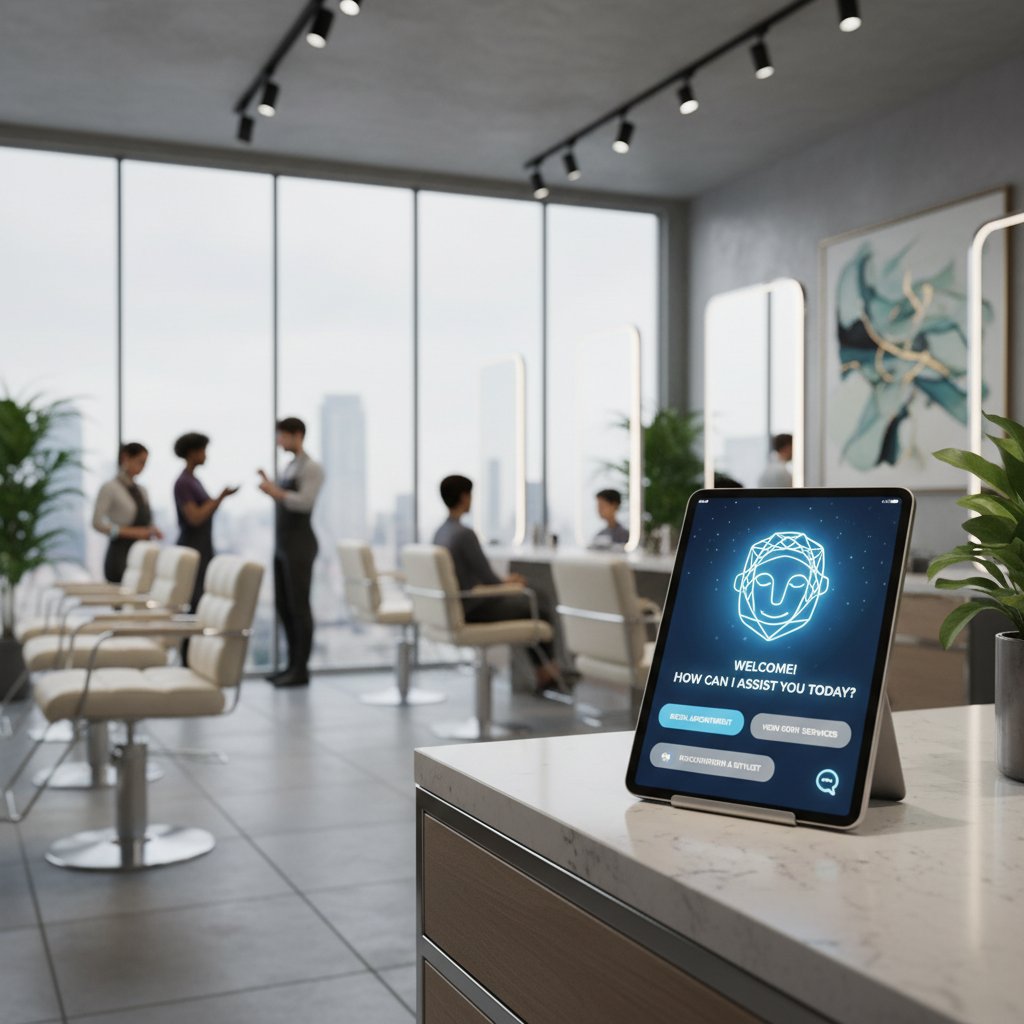 Nowoczesny salon kosmetyczny z widocznym panelem czatu AI na tablecie