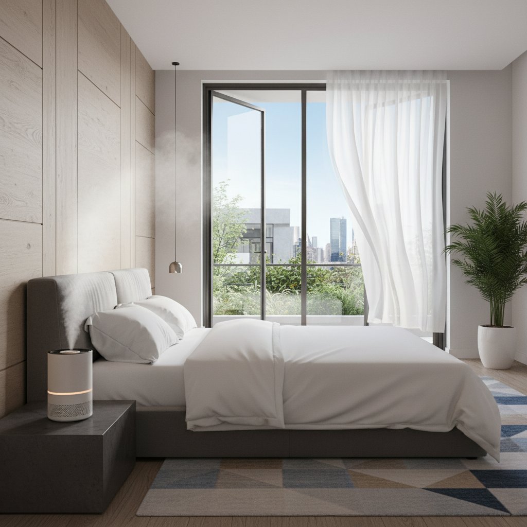Nowoczesna sypialnia z zasłonami, nawilżaczem powietrza i otwartym oknem