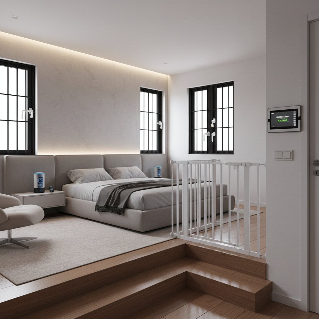 Nowoczesny pokój z zabezpieczeniami dla osoby lunatykującej, alarm przy drzwiach, barierki na schodach