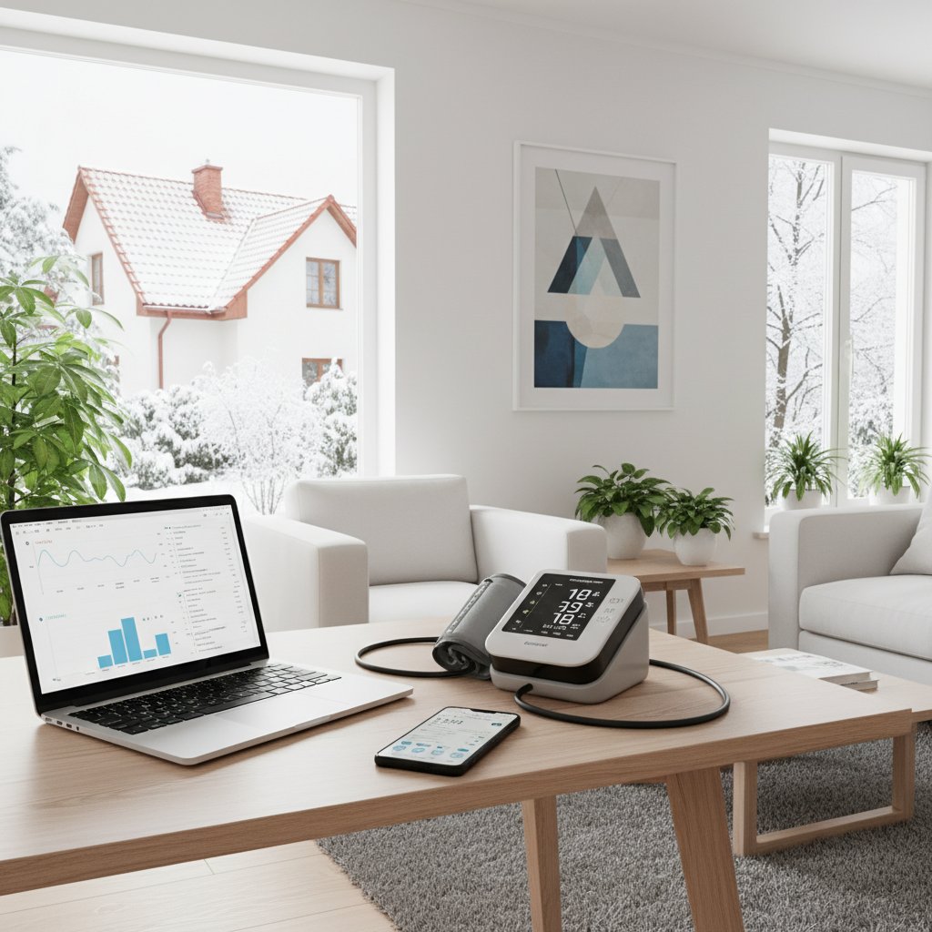 Nowoczesny zestaw monitora ciśnienia, smartfon i laptop na biurku w polskim domu