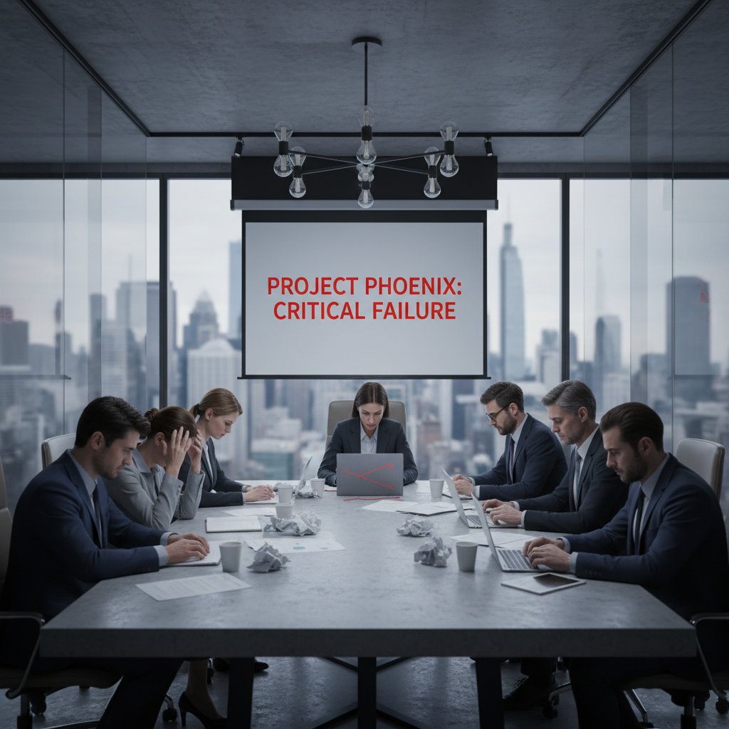 Nowoczesna sala konferencyjna, zespół menedżerów analizuje dane o porażkach projektów zmian