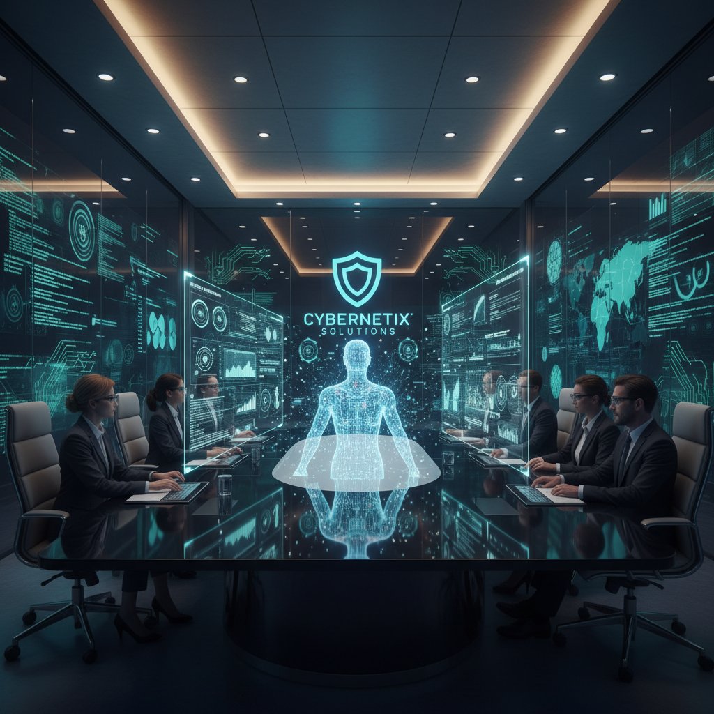 Nowoczesna sala konferencyjna z zespołem analizującym dane o cyberbezpieczeństwie i AI w biznesie