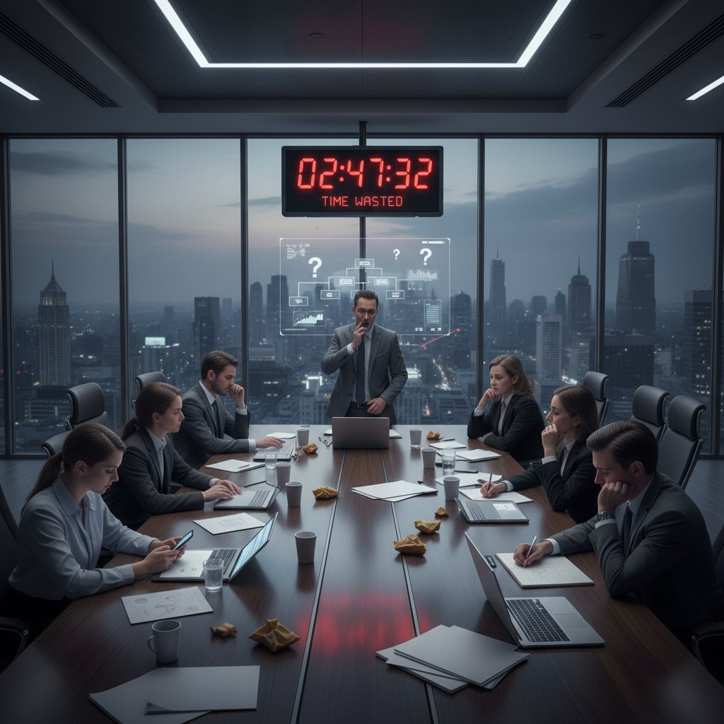 A modern boardroom symbolizing costly, inefficient meetings with digital clock and disengaged participants