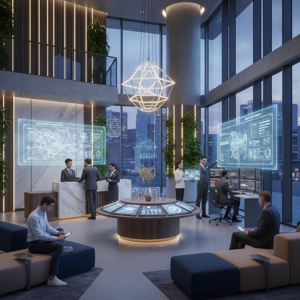Modern boutique hotel lobby, staff discussing tech insights, upbeat, collaborative. Staff in a boutique hotel's modern lobby reviewing technology for guest entertainment, representing the tech-driven evolution of hospitality.