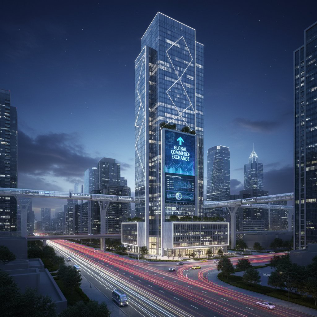 Nowoczesny biurowiec oświetlony nocą, symbolizujący tempo i nowoczesność polskiego biznesu