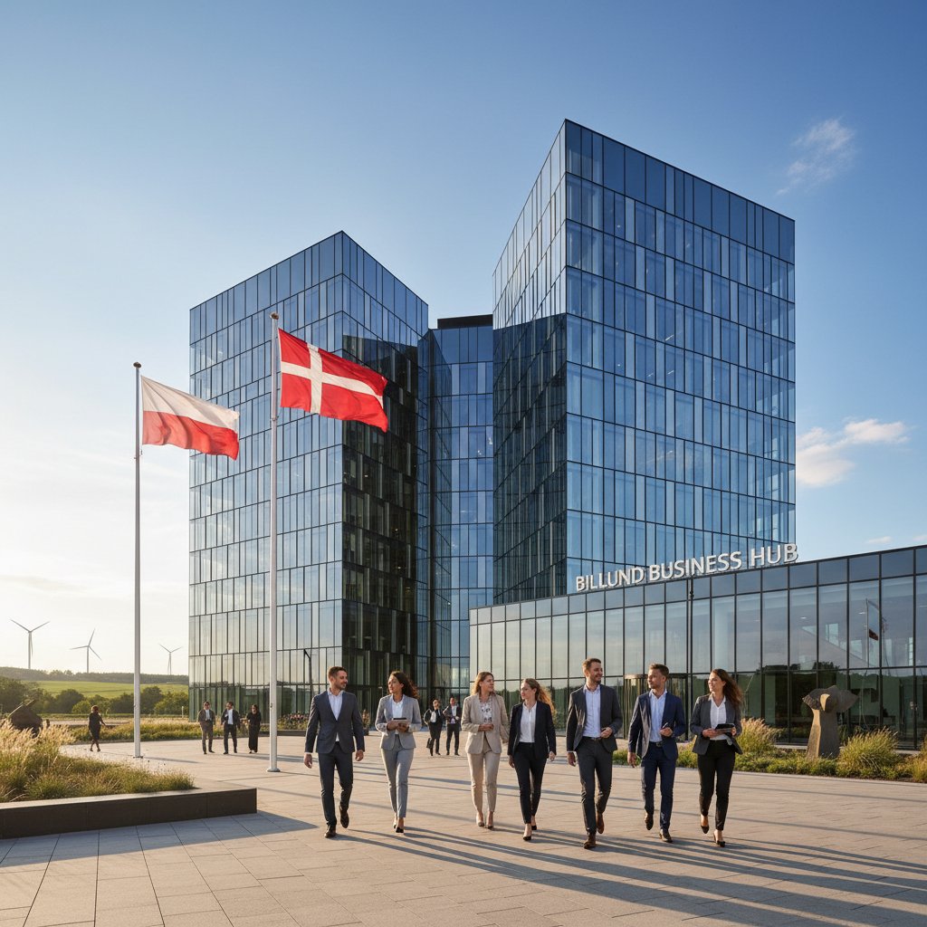 Nowoczesne centrum biznesowe w Billund z flagami Polski i Danii oraz energicznymi profesjonalistami w ruchu